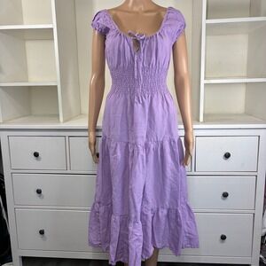 BDG Urban Outfitters Lavender Smocked Tiered Midi Dress Puff Sleeve Tie Neck XS
